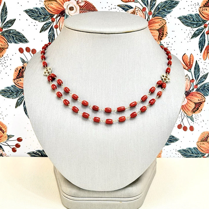 14k Yellow Gold Mediterranean Red Coral Handcrafted Necklace, 18.25-19.75"