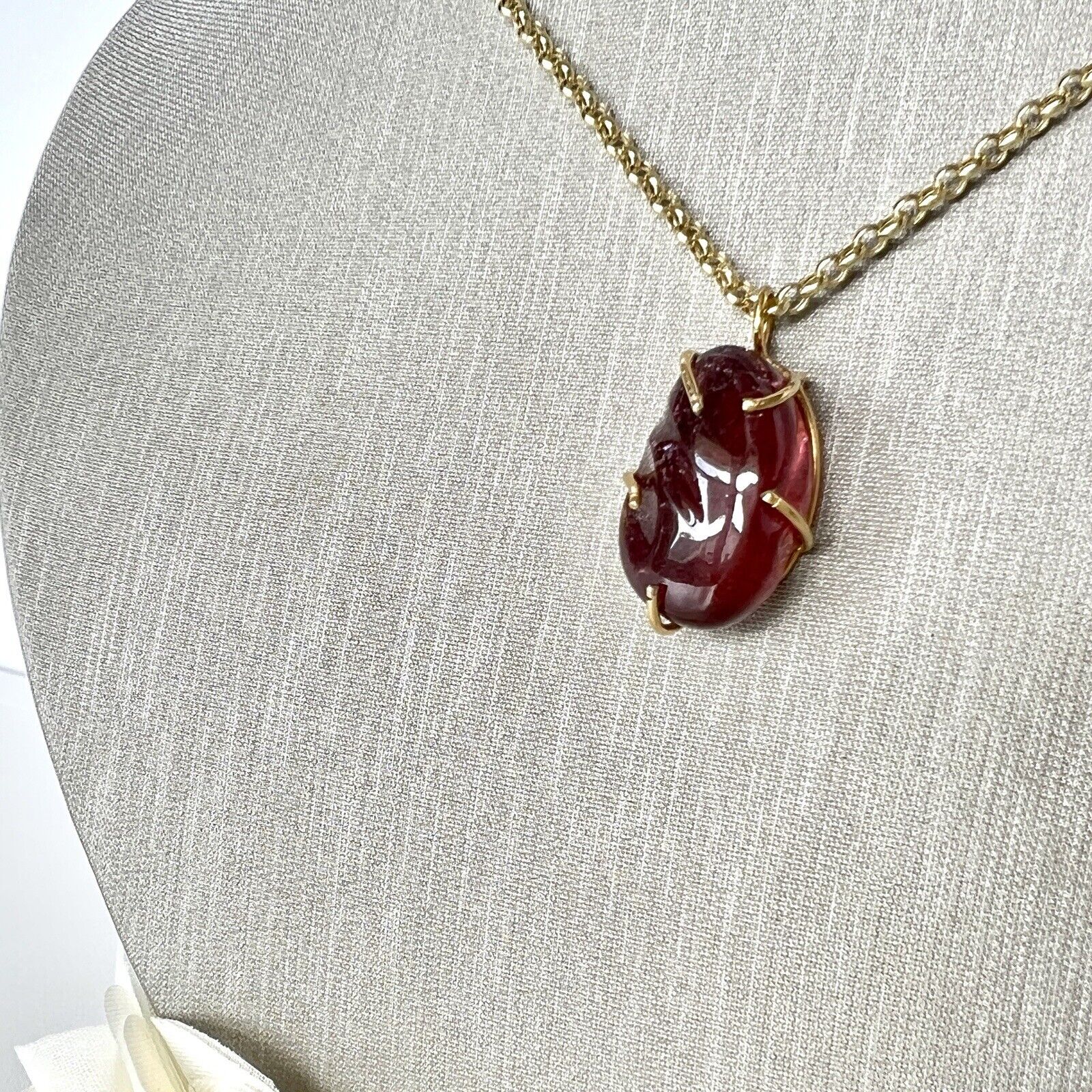 Solid 14k Yellow Gold Natural Smooth Red Tourmaline (16ct) Nugget Pendant, New