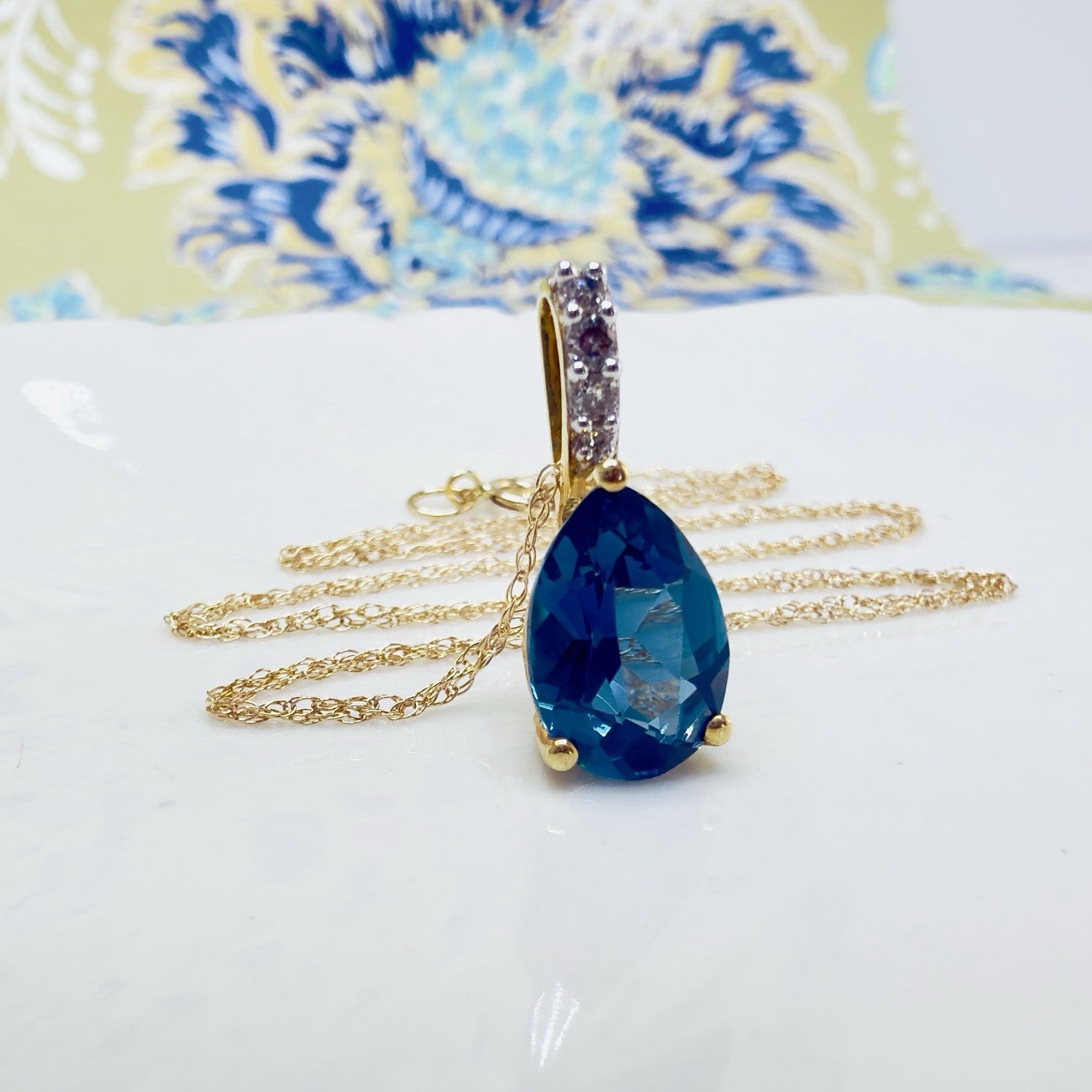 14k Yellow Gold Genuine London Blue Topaz & Diamond Pendant/Necklace, 18"