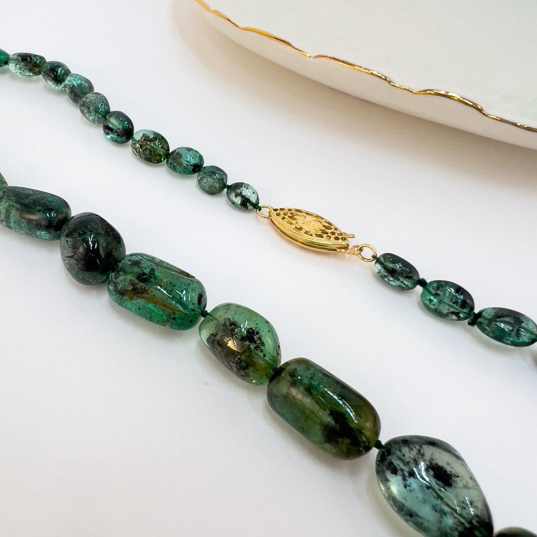 Genuine Emerald (170ct) 14k Yellow Gold Beaded Necklace, New 17.5"