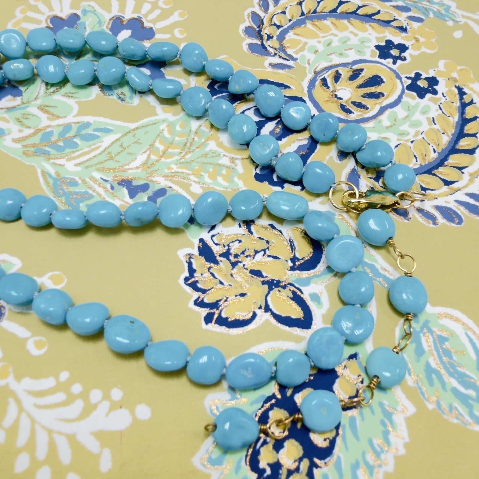 14k Yellow Gold Sleeping Beauty Turquoise Necklace, New, Adjustable 17.5-19.5"
