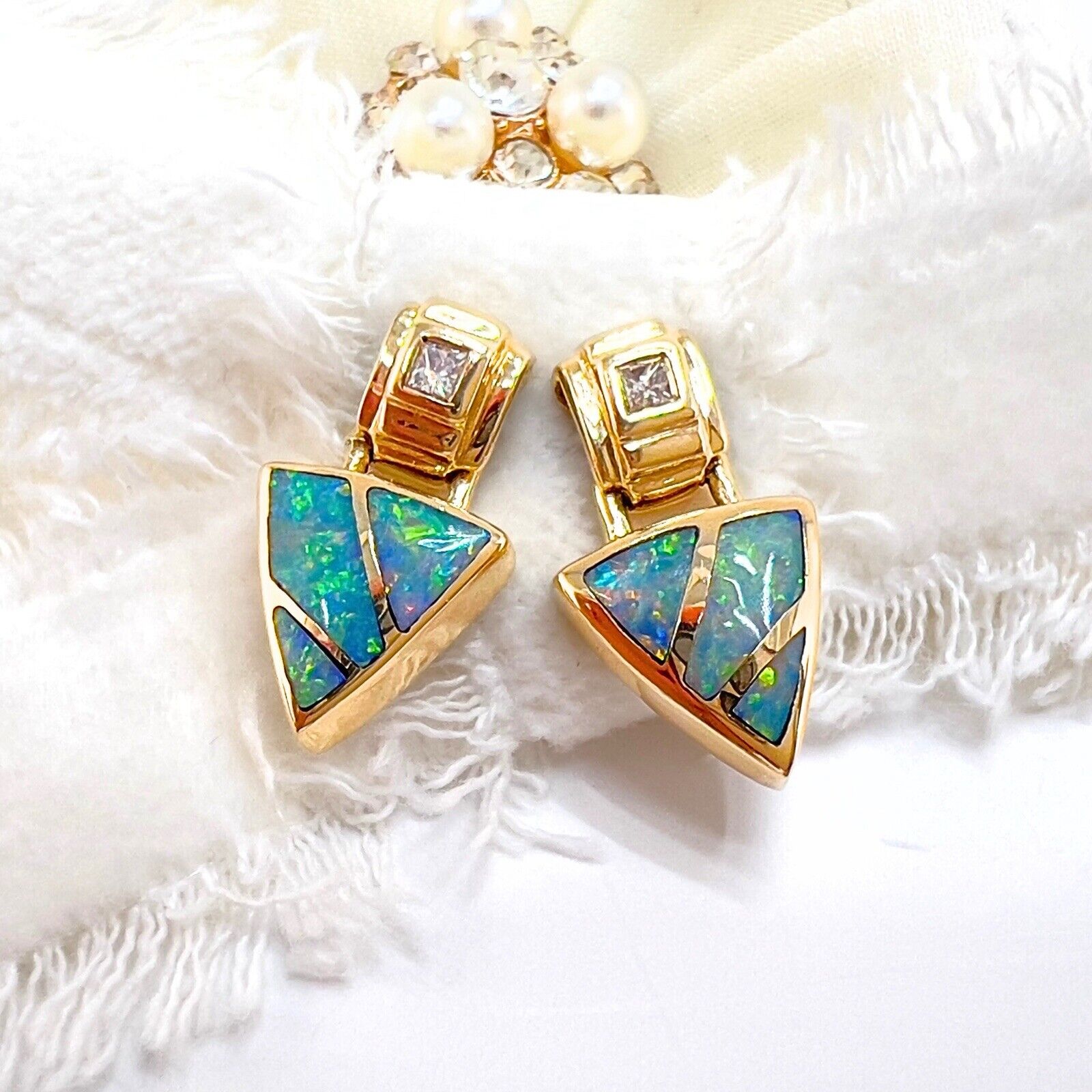 14k Yellow Gold Genuine Opal Inlay & Diamond Dangle Earrings