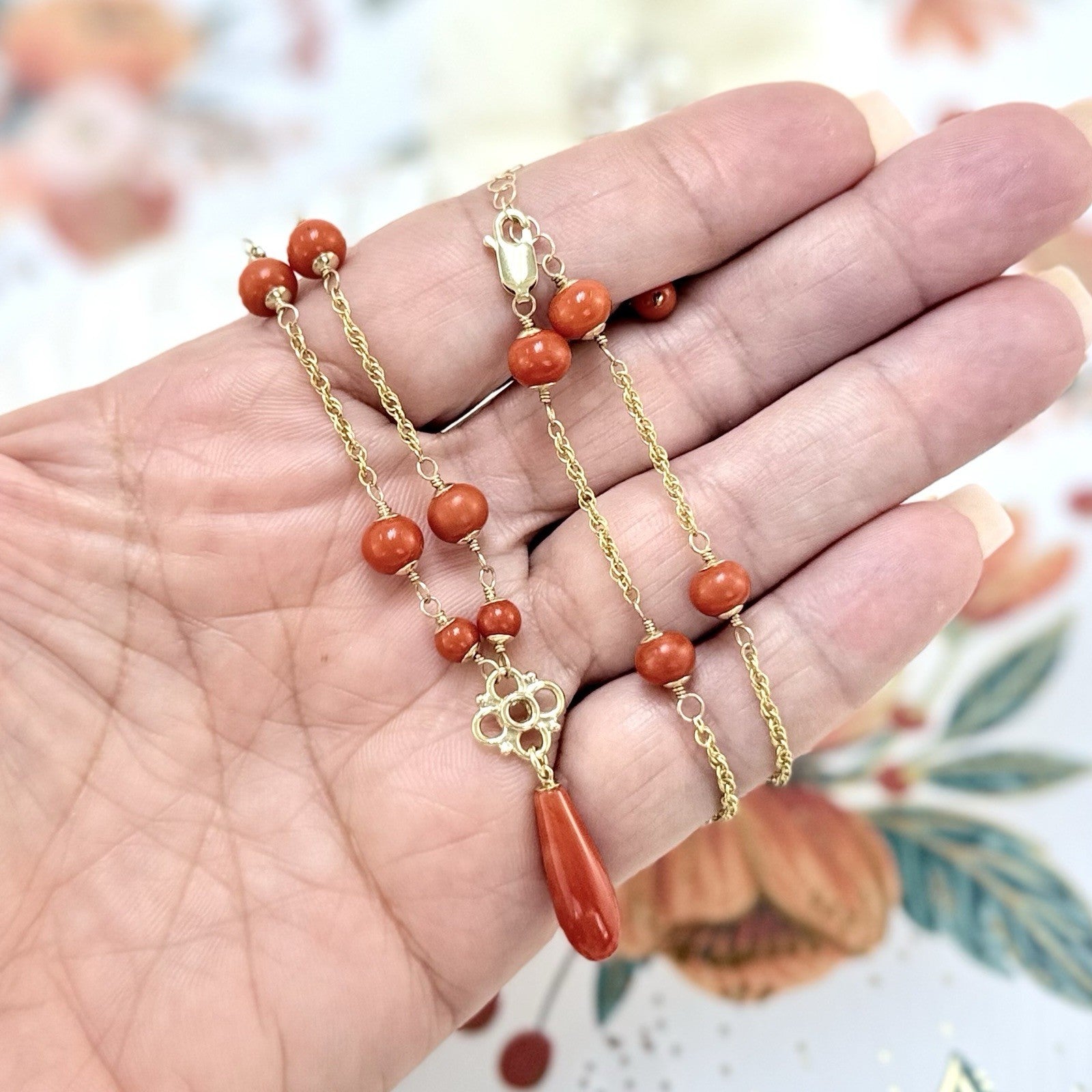 14k Yellow Gold Natural Red Coral Station Necklace w/Drop, 17.5-19" New
