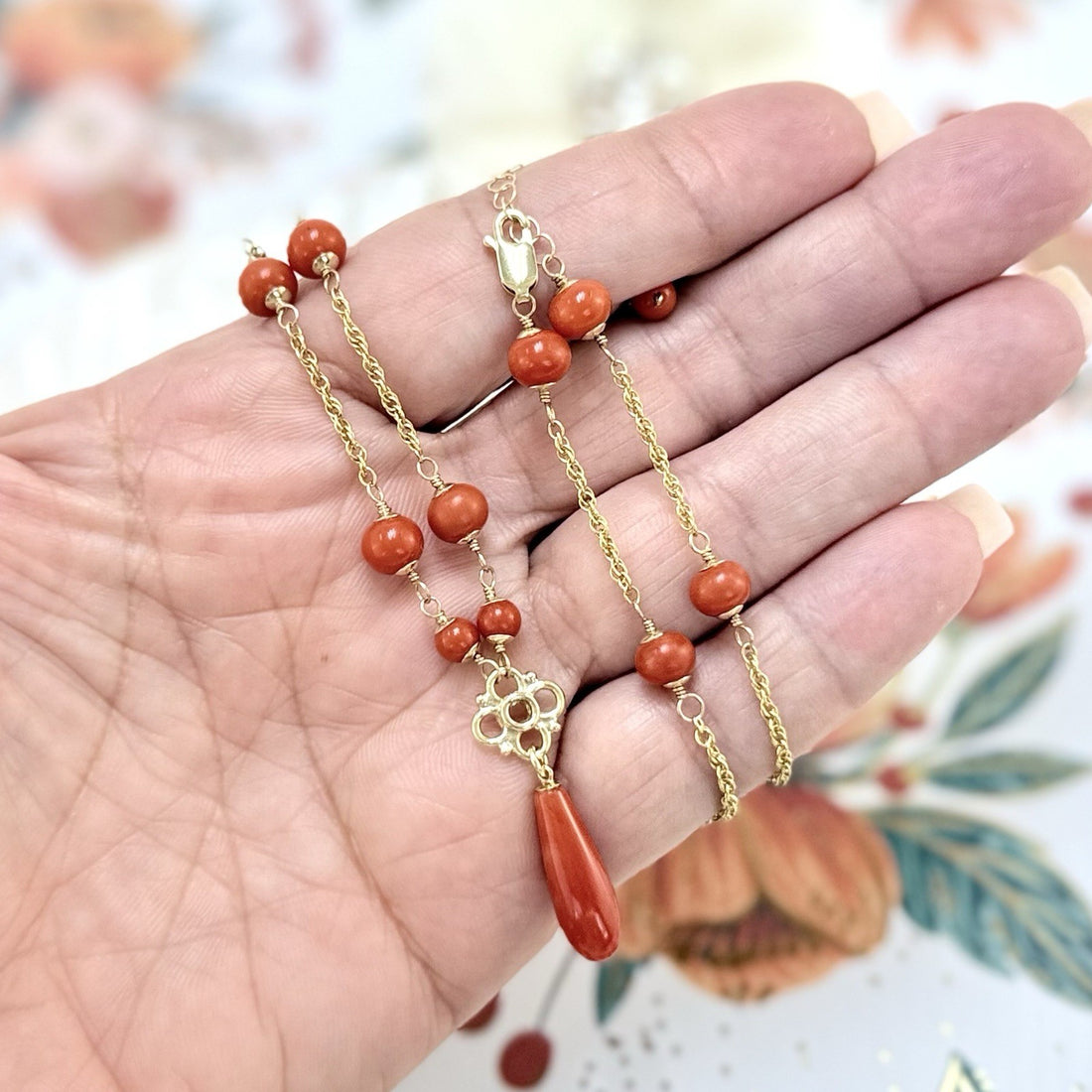 14k Yellow Gold Natural Red Coral Station Necklace w/Drop, 17.5-19" New