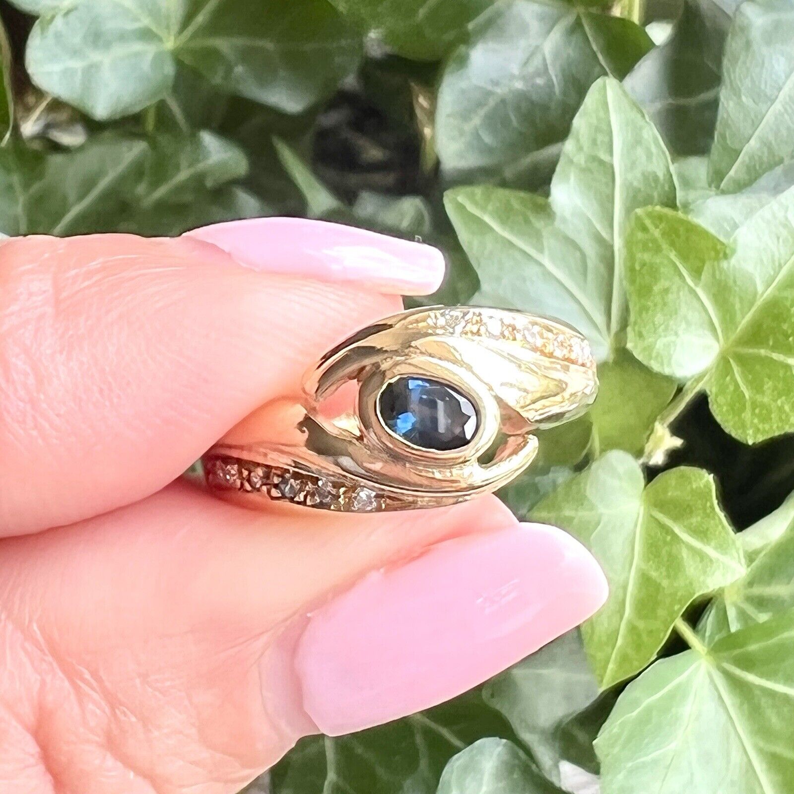 Solid 18k Yellow Gold Genuine Sapphire & Diamond Ring, Pre-owned Sz 6.75