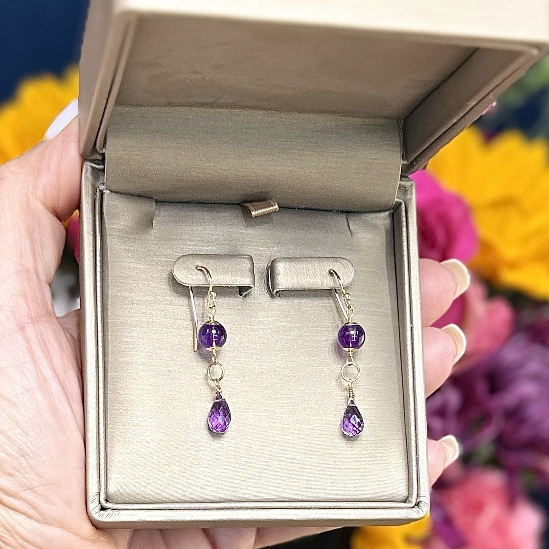 14k Yellow Gold Genuine Amethyst Drop/Dangle Earrings, Newly Handcrafted, 1.5"