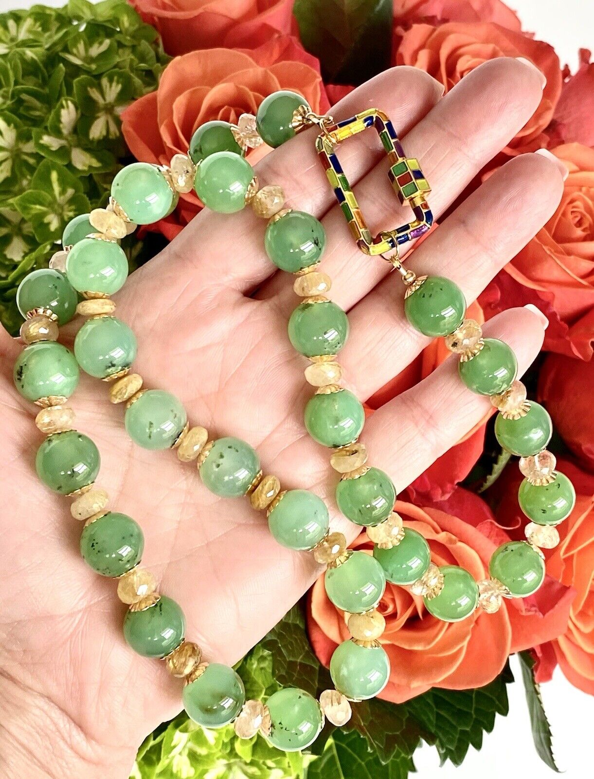 Natural Chrysoprase & Rutilated Quartz 14K GF Necklace, New, 24.75"
