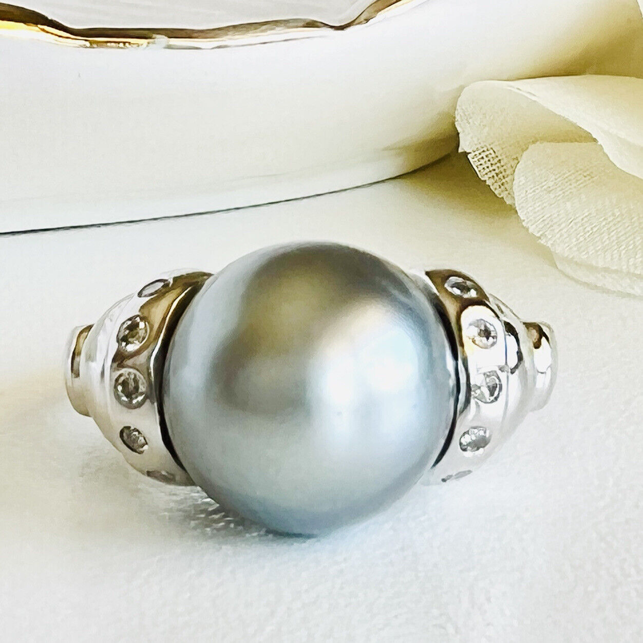 Top-Quality Tahitian Gray Pearl & Diamond Solid 14k White Gold Ring, New Sz. 7.5