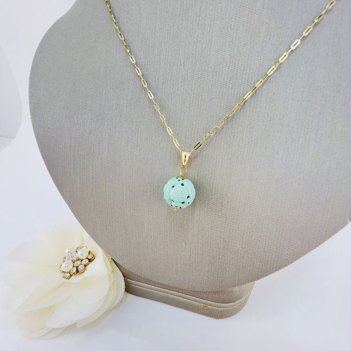 Natural Turquoise "Long Life" Carved 10.5mm 14k Yellow Gold Pendant, New