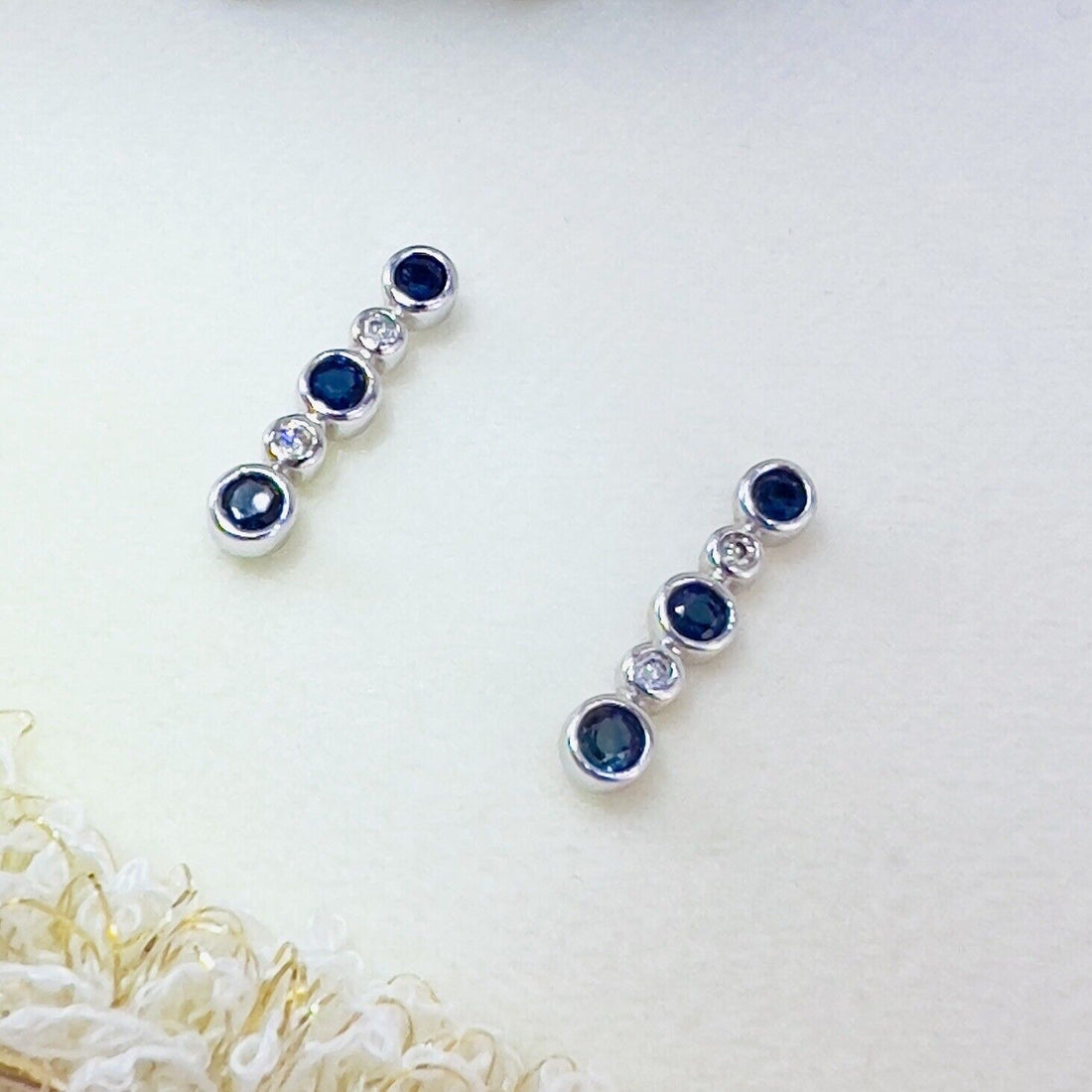 Solid 14k White Gold Genuine Sapphire & Diamond Stud Earrings, New