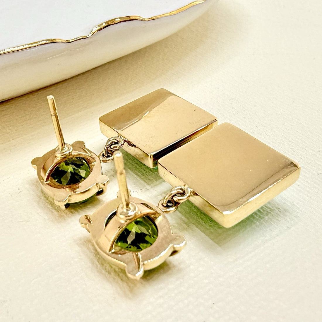 14k Yellow Gold Genuine Peridot & American Turquoise Statement Earrings, New