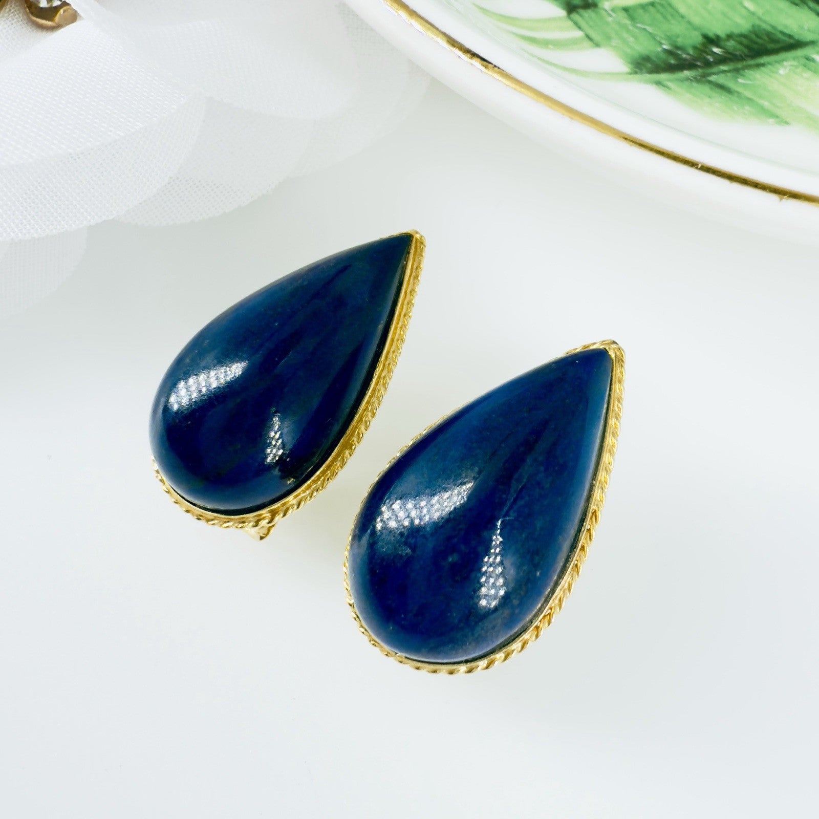 14k Yellow Gold Dark Blue Lapis Lazuli Omega Back Earrings, Preowned