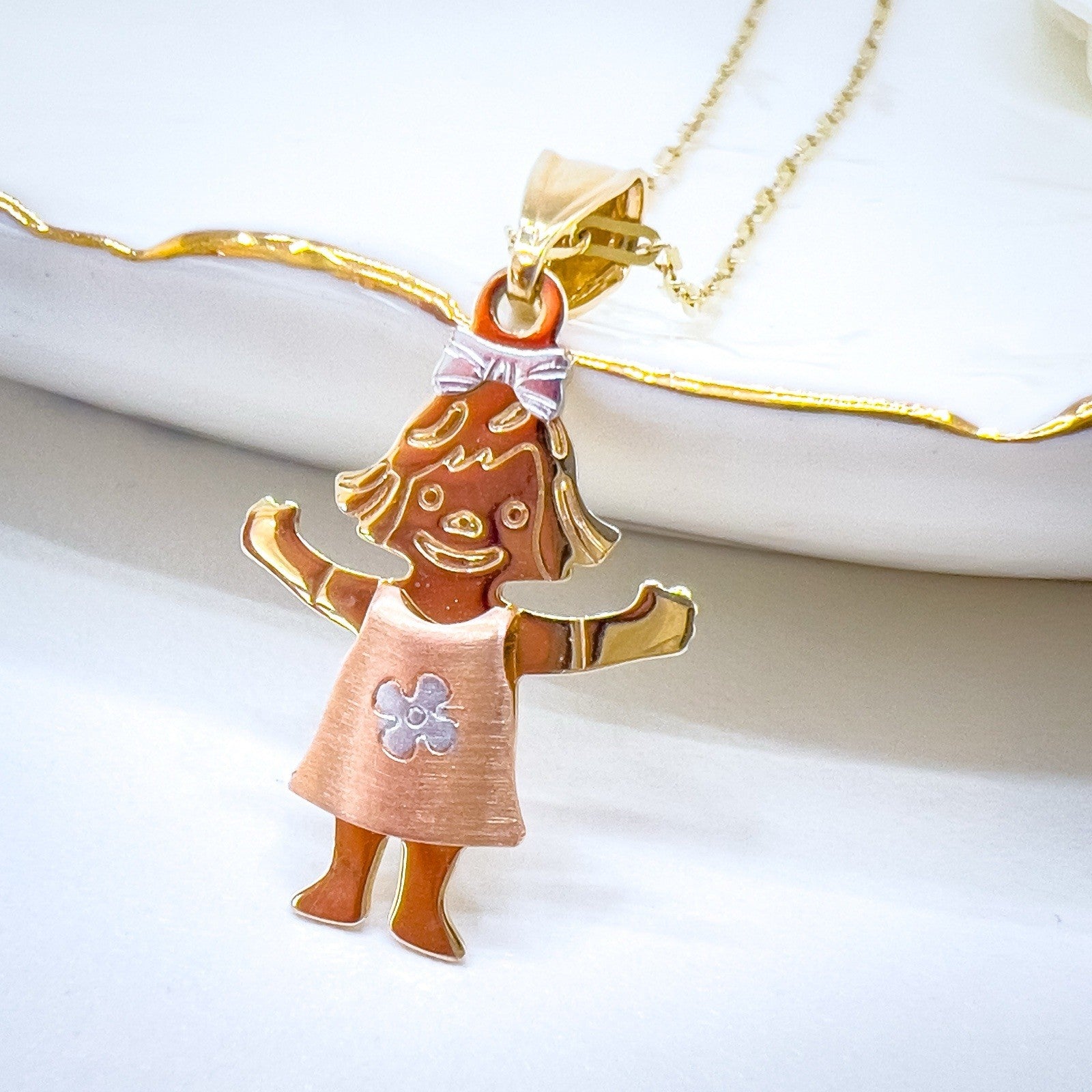 14k Gold Girl in Sundress Charm Pendant, New 1.12"