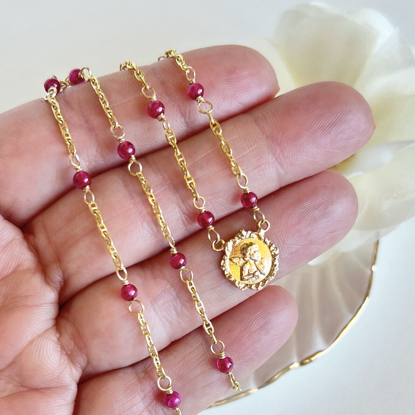 Solid 14k Yellow Gold and Lab Created Ruby (5.6ctw) Angel Necklace, New, 17.25"