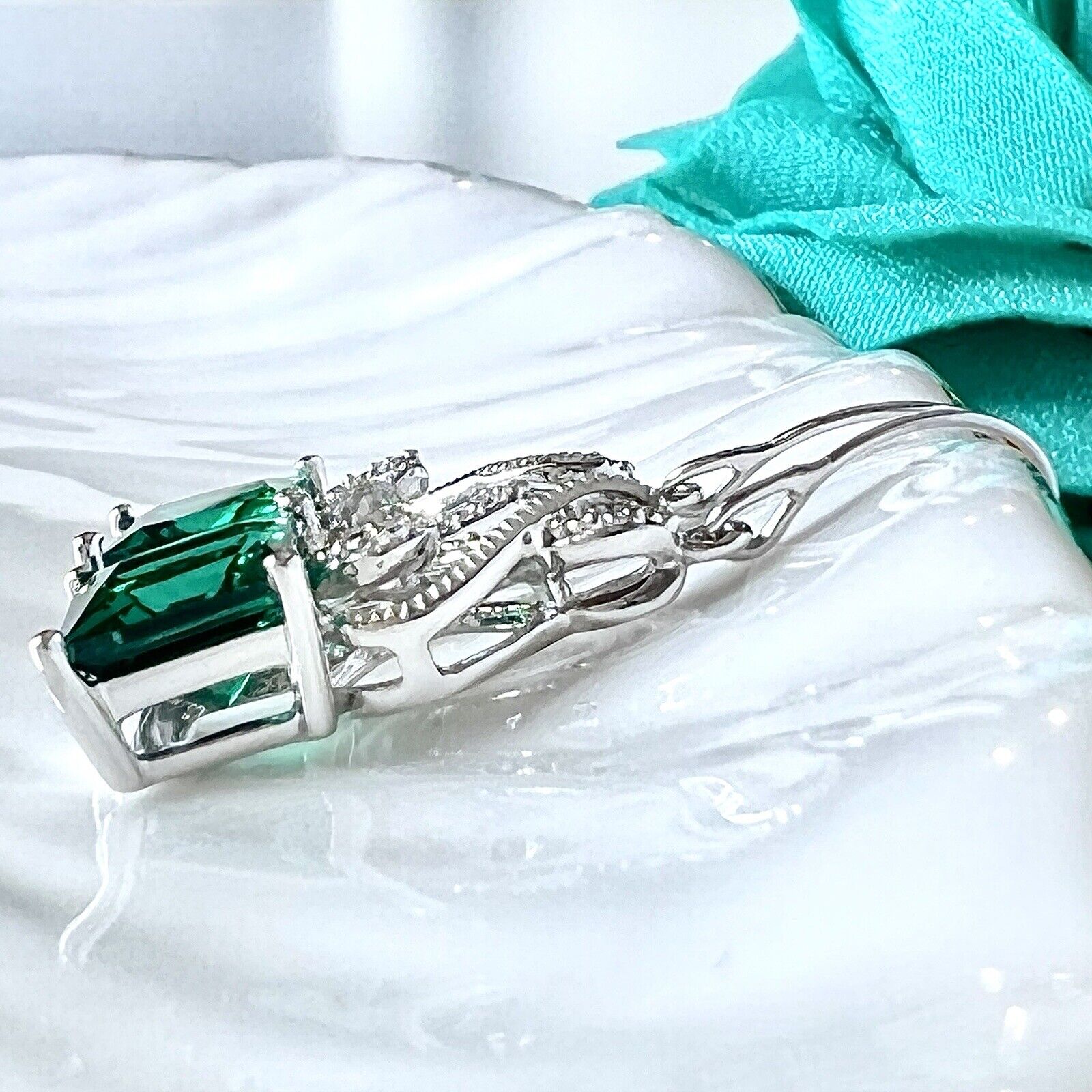 Solid 10k White Gold Genuine Diamonds & Lab Created Emerald Dangle/Drop Earrings