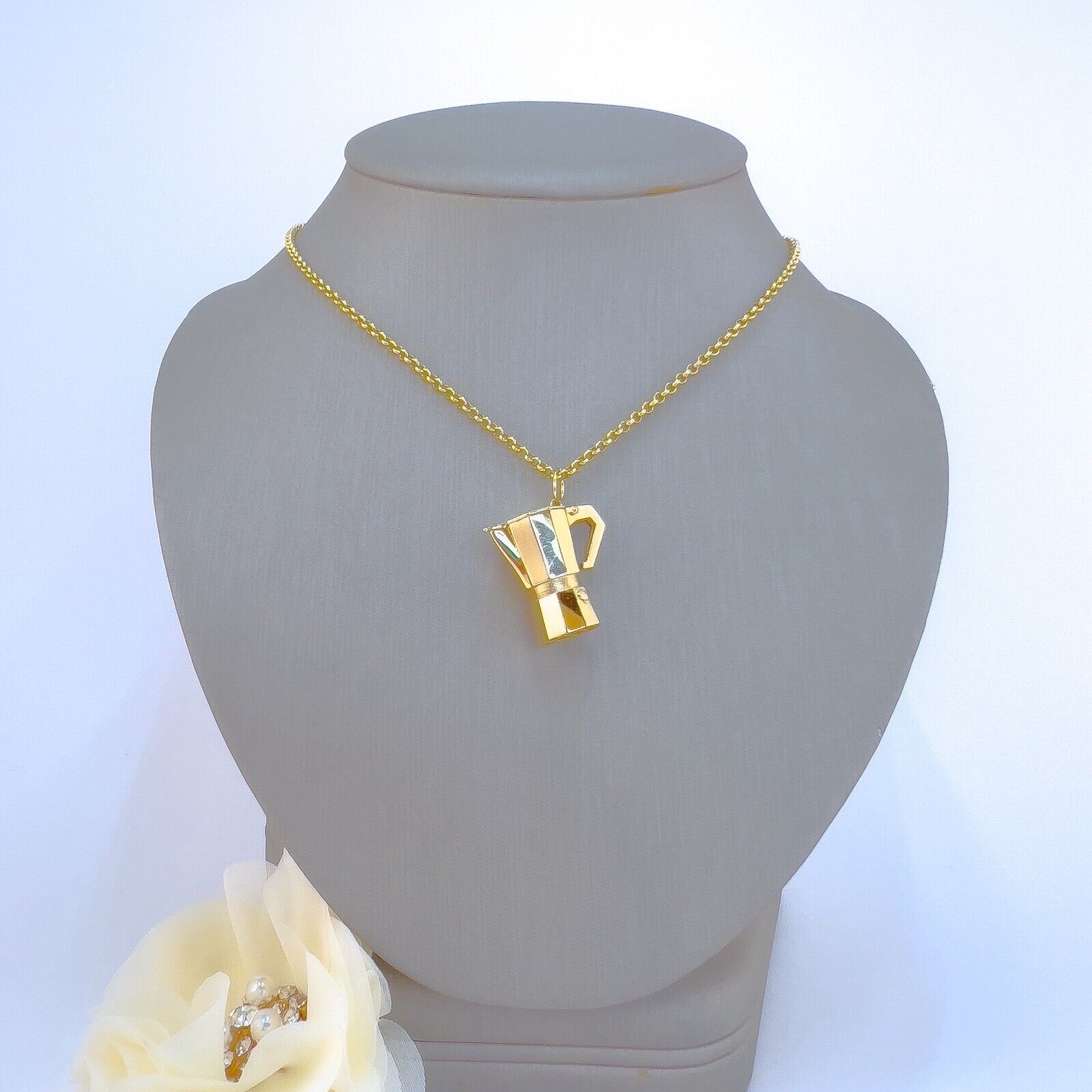 14K Yellow Gold 3D Italian Espresso Coffee Pot/ Cafetera Cubana, New, Large