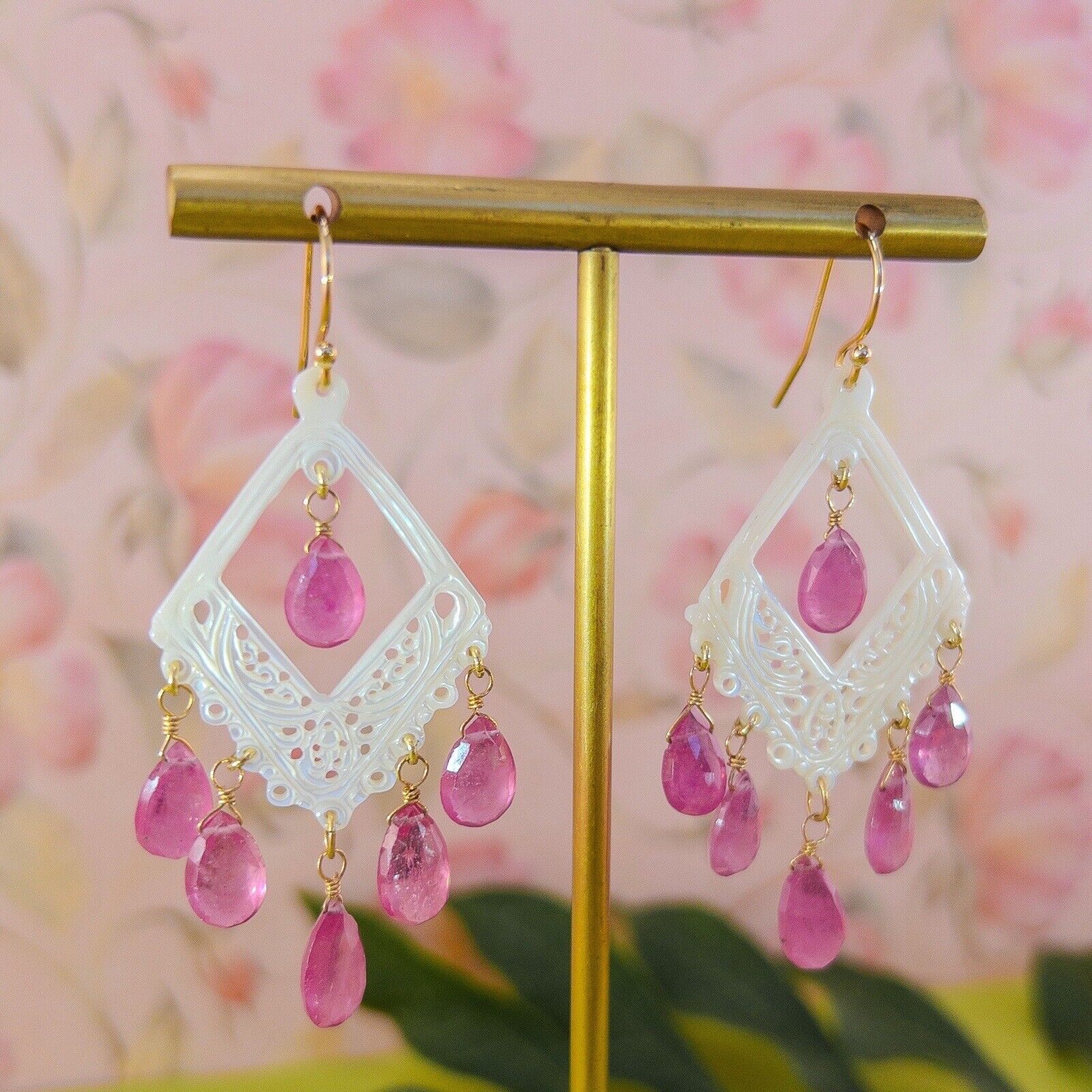 Solid 14k Yellow Gold Pink Sapphire & Mother of Pearl Chandelier Dangle Earrings