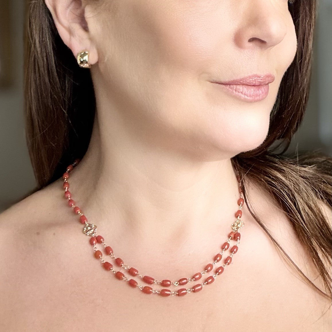 14k Yellow Gold Mediterranean Red Coral Handcrafted Necklace, 18.25-19.75"