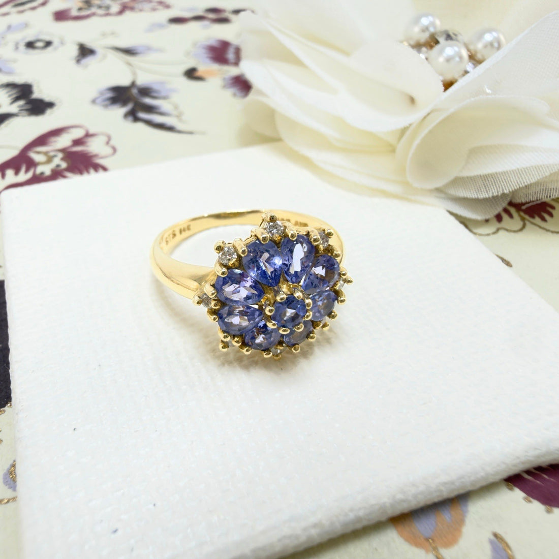14k Yellow Gold Tanzanite &Diamond Rosette Ring, Size 6