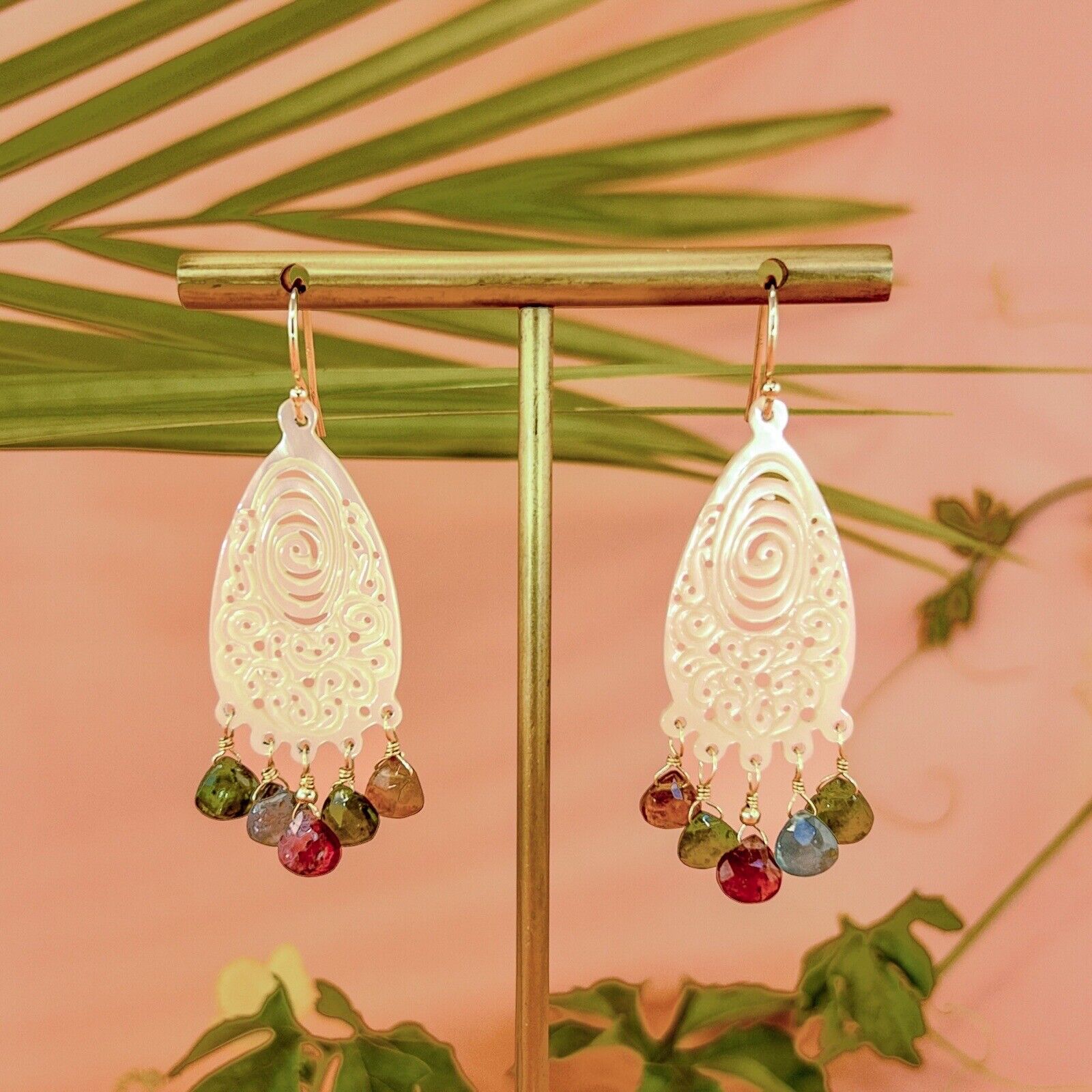 Solid 14k Yellow Gold Natural Tourmaline & Mother of Pearl Chandelier Earrings,