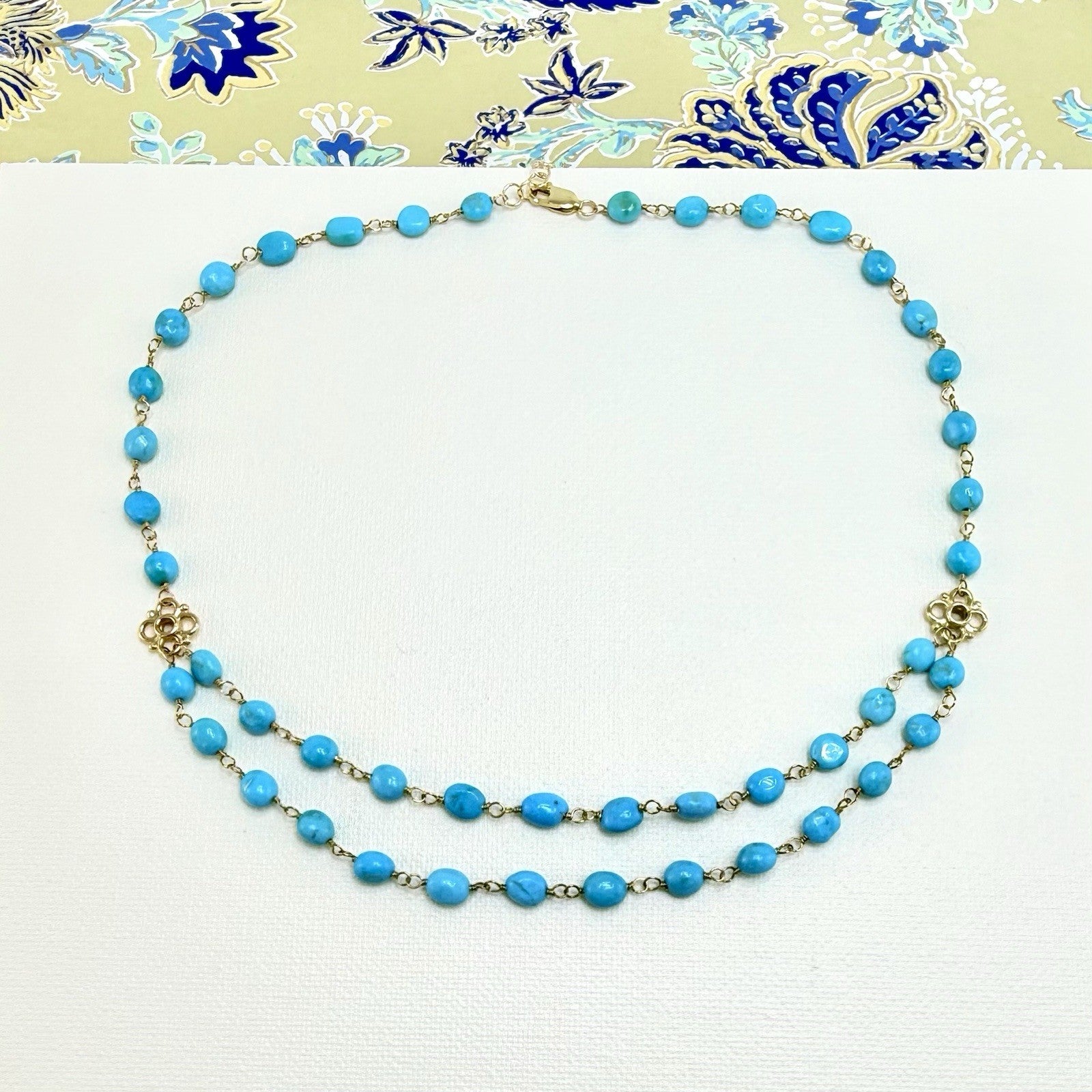 14k Yellow Gold Genuine Sleeping Beauty Turquoise Handcrafted Necklace, 16.5-18"