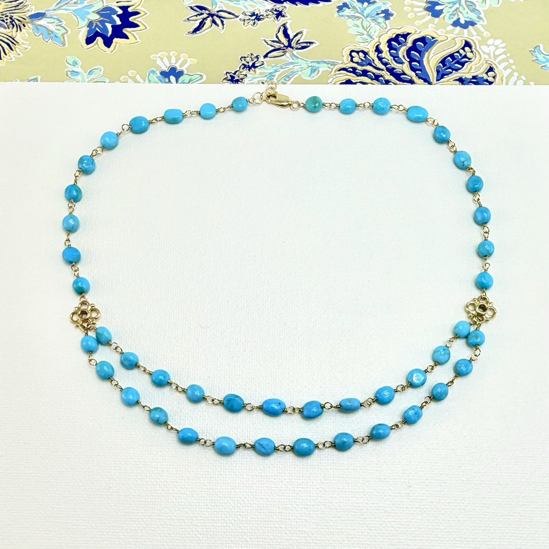 14k Yellow Gold Genuine Sleeping Beauty Turquoise Handcrafted Necklace, 16.5-18"