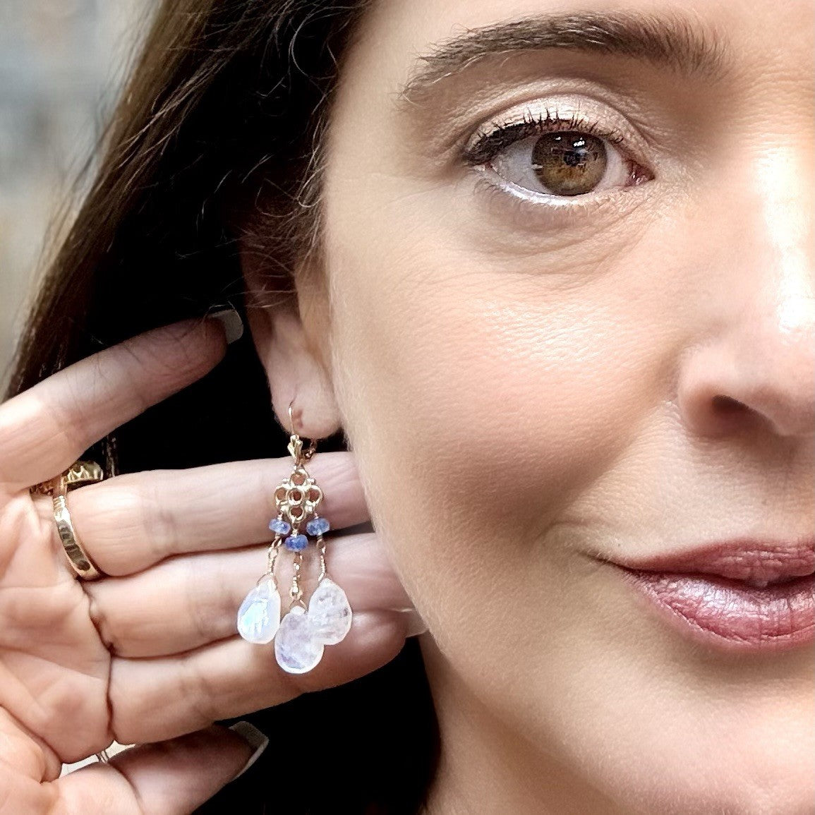 14k Yellow Gold Genuine Rainbow Moonstone and Sapphire Chandelier Earrings,