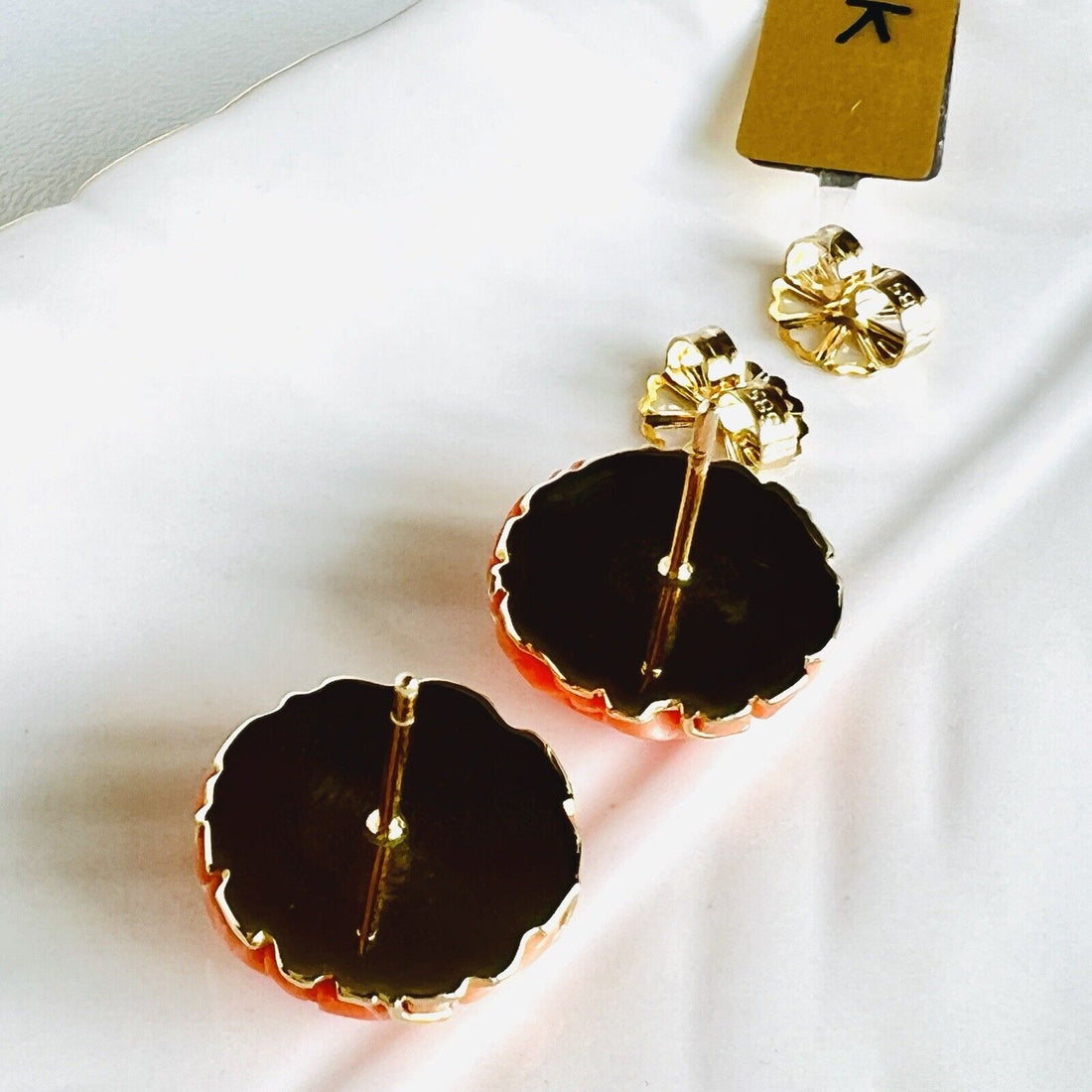Vintage No-Dye Japanese Carved Coral Rose (14Ct) and 14K Gold Stud Earrings, New
