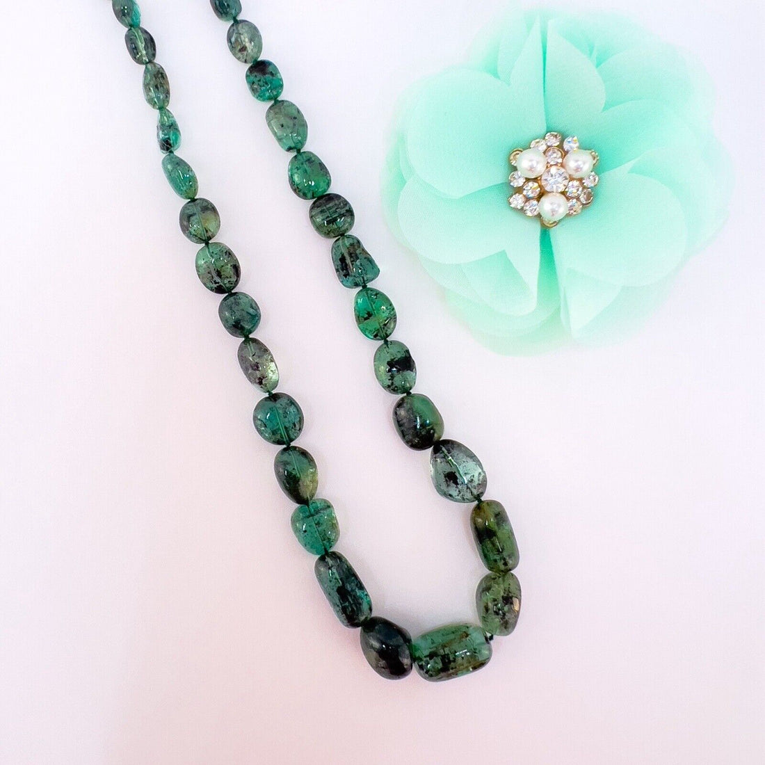 Genuine Emerald (170ct) 14k Yellow Gold Beaded Necklace, New 17.5"