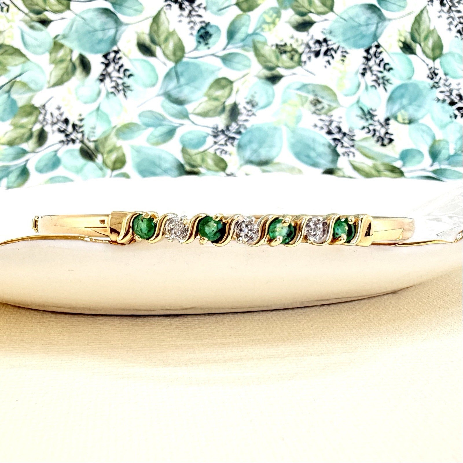 10k Yellow Gold Genuine Emerald & Diamond Bangle Bracelet, Preowned