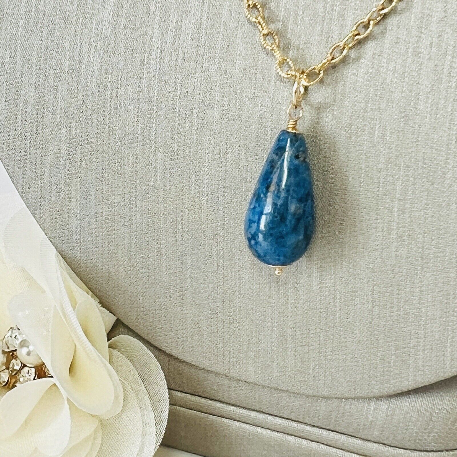 Solid 14k Yellow Gold Natural Lapis Lazuli Drop Pendant, 1.24", New A