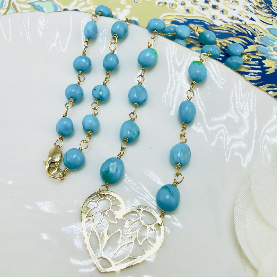 14k Sleeping Beauty Turquoise with Pierce-Work Heart Pendant Necklace, 18.25"
