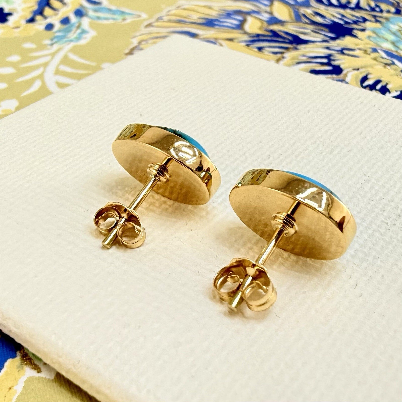 14k Yellow Gold Egyptian Turquoise Custom Made Stud Earrings, New Pair #2