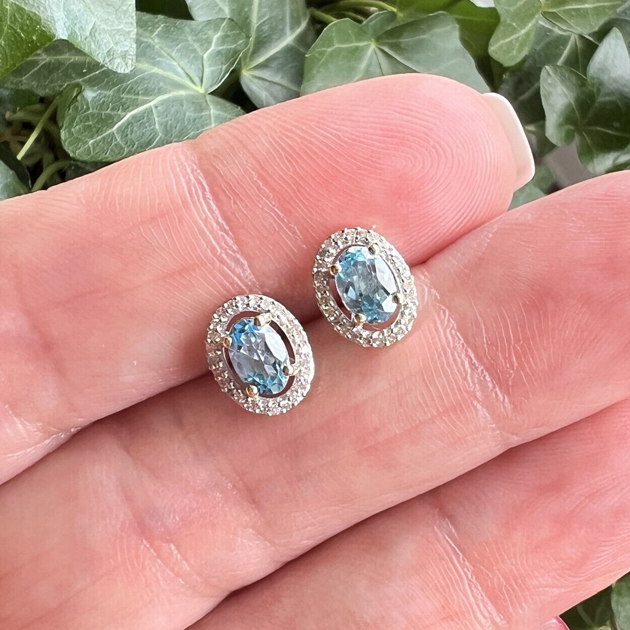 Solid 10k Yellow Gold Genuine Blue Topaz & Diamond Halo Oval Stud Earrings, New