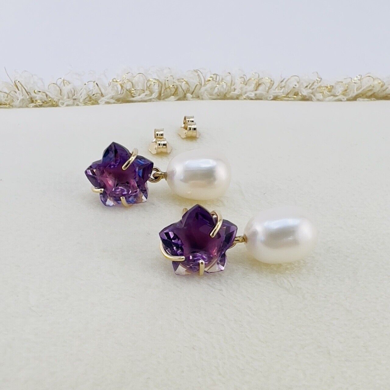 Solid 14k Yellow Gold Genuine Amethyst Star & Pearl Dangle/Drop Earrings, New