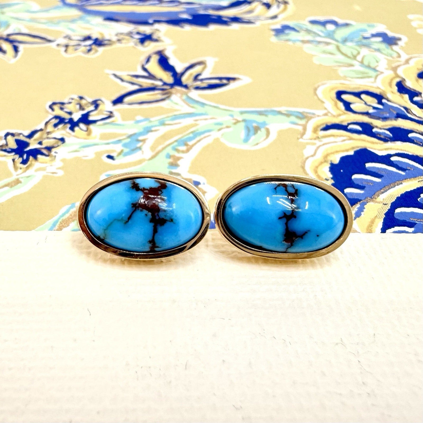14k Yellow Gold Egyptian Turquoise Custom Made Stud Earrings, New Pair #1