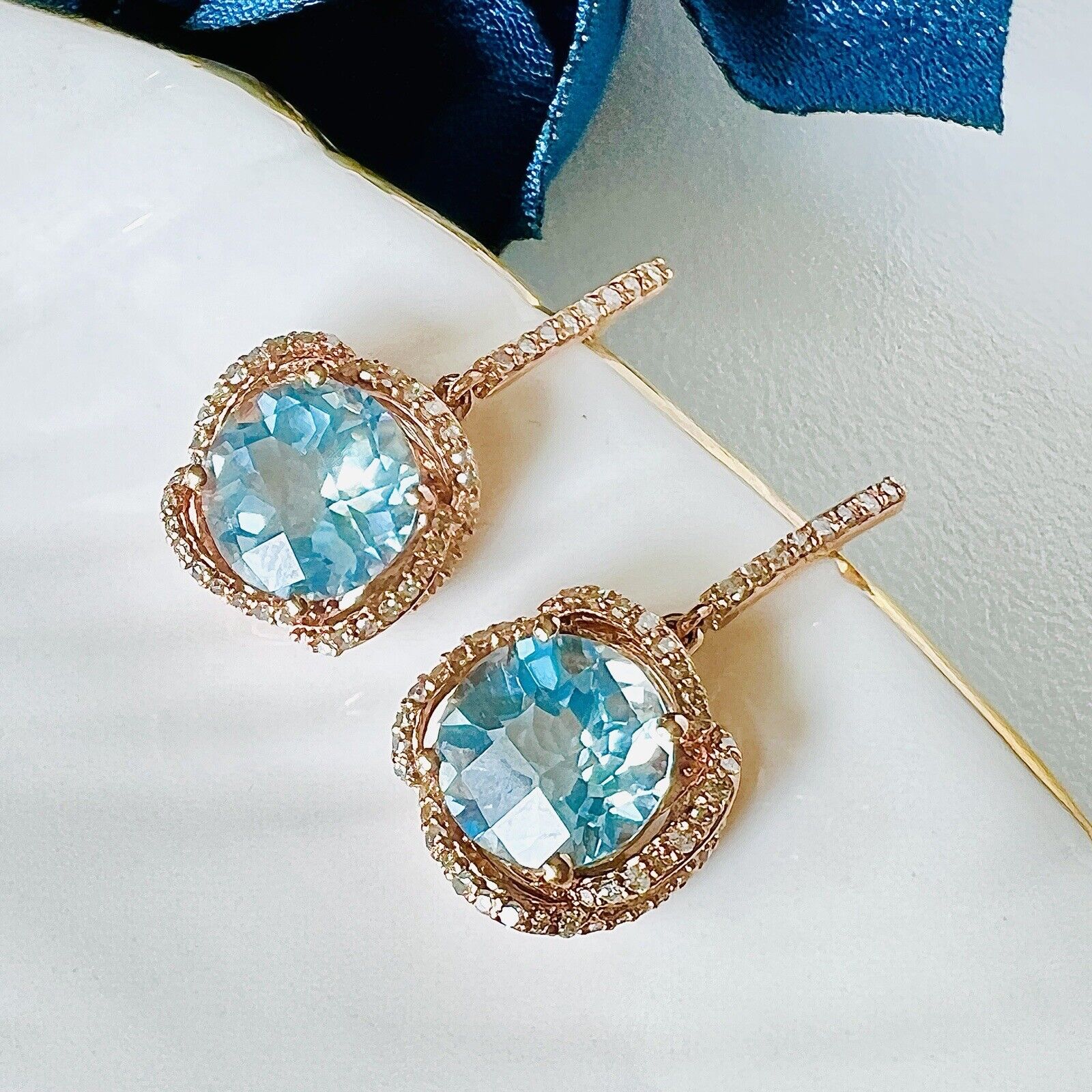 Solid 10k Rose Gold Genuine Blue Topaz (4.40ct) Diamond Dangle/Drop Earrings/New