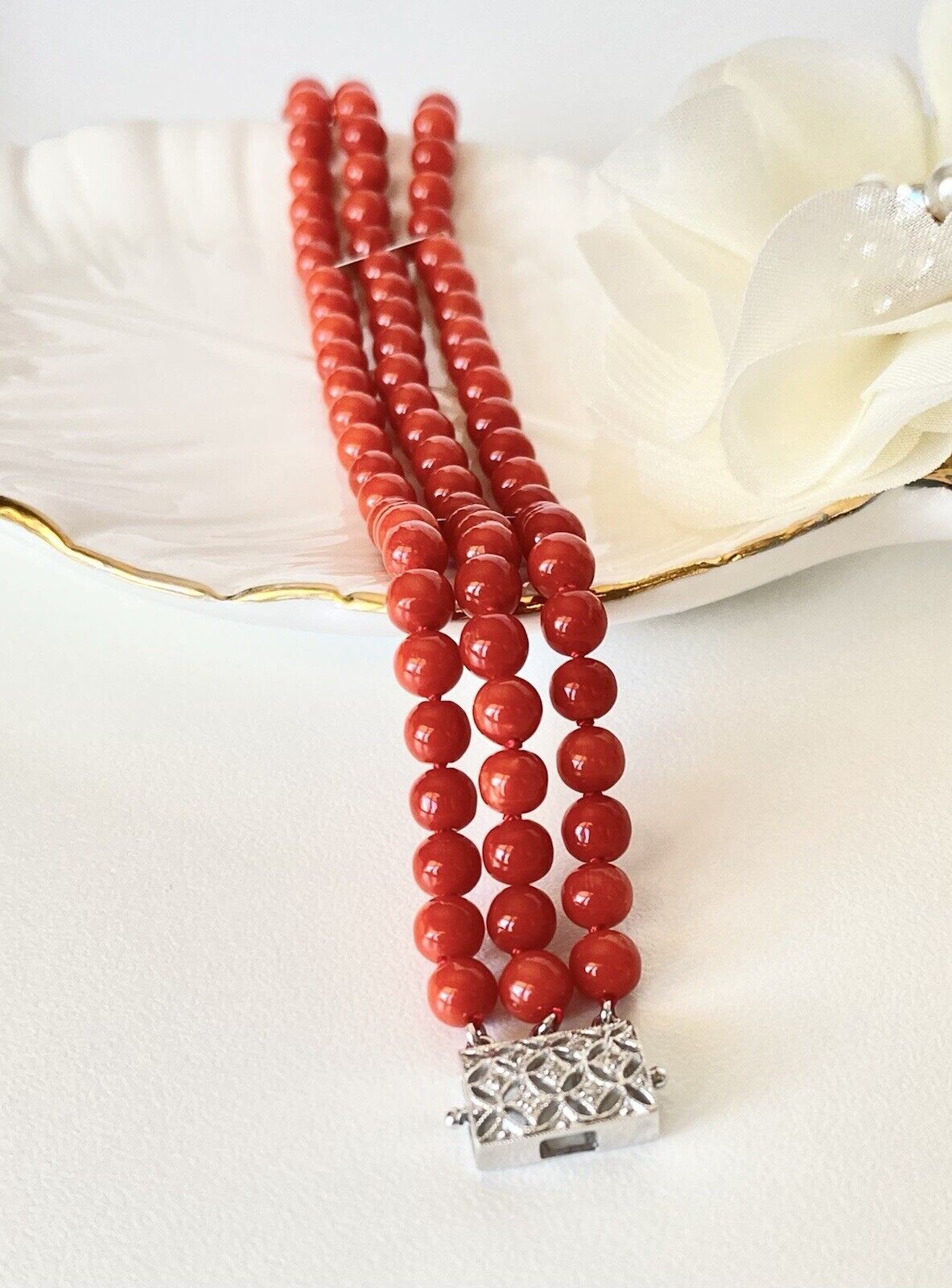 Natural Mediterranean Red Coral 14K White Gold & Diamonds Bracelet, 7"