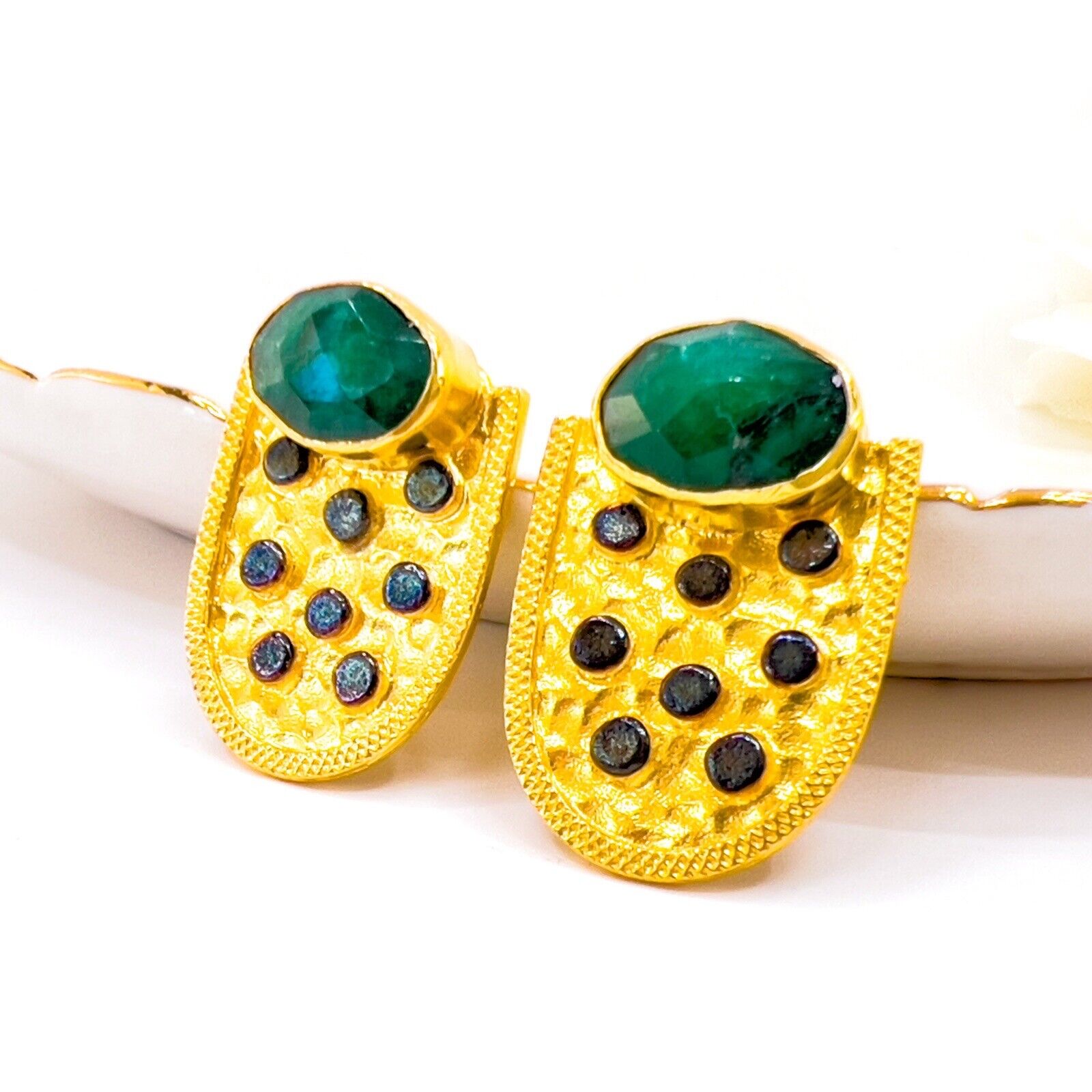 Genuine Emerald 22k Gold Over Sterling Silver Dangle Earrings, New