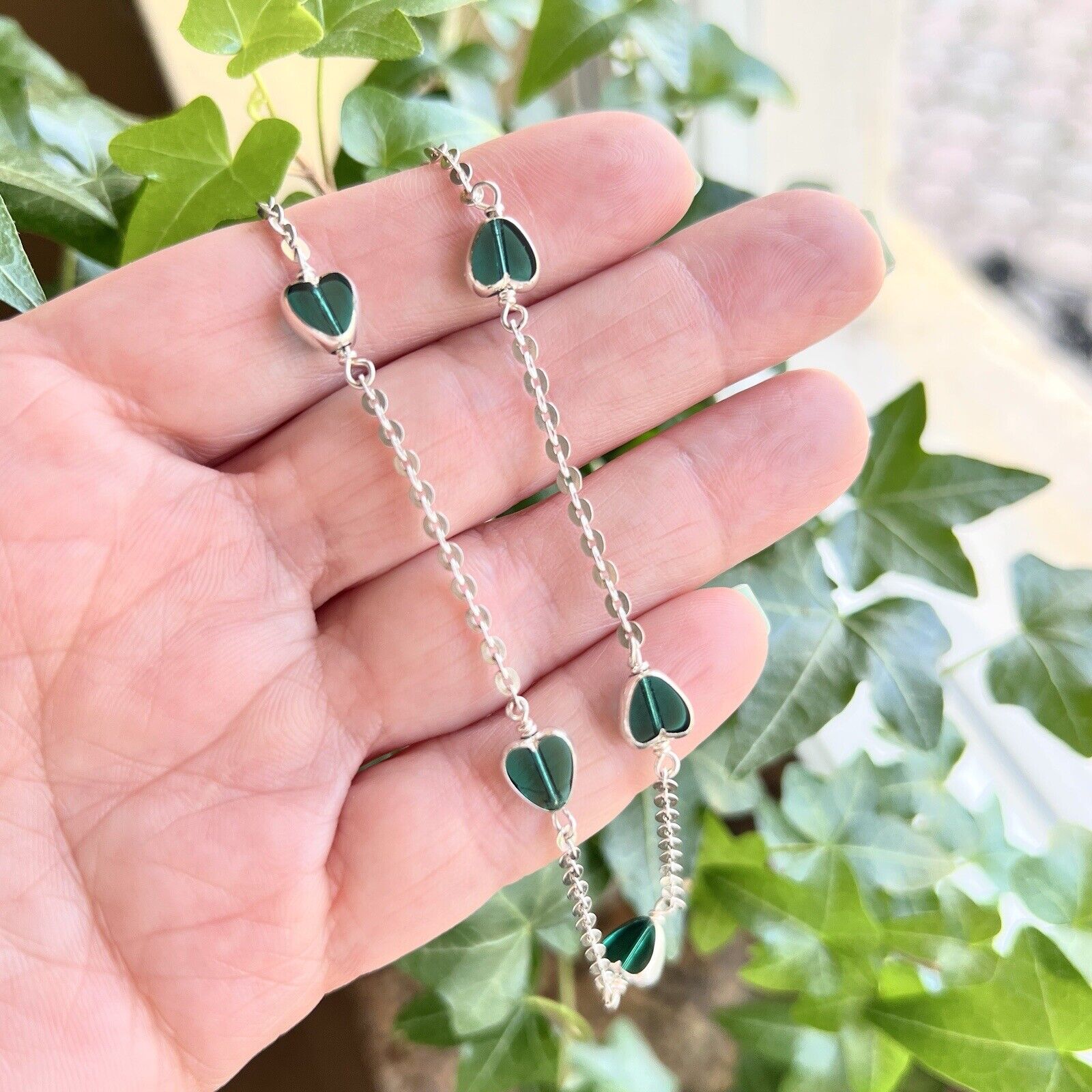 Vintage Sterling Silver Green Crystal Heart Station Necklace, New 15.5"