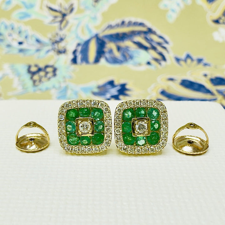 10K Yellow Gold Genuine Emerald & Diamond Stud Screw-Back Earrings, New