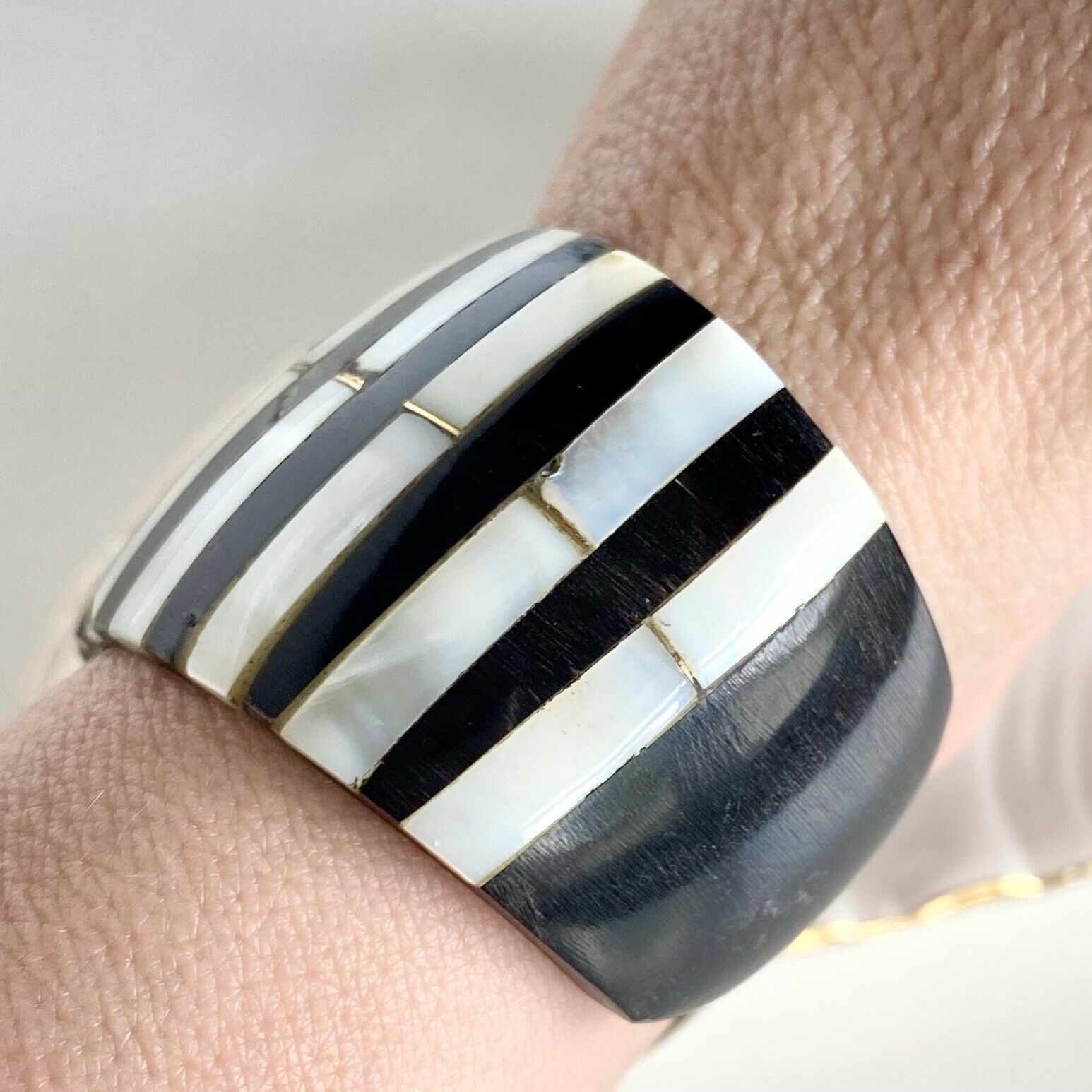 Vintage Mother of Pearl & Horn Inlay Bohemian Cuff Bracelet, Small