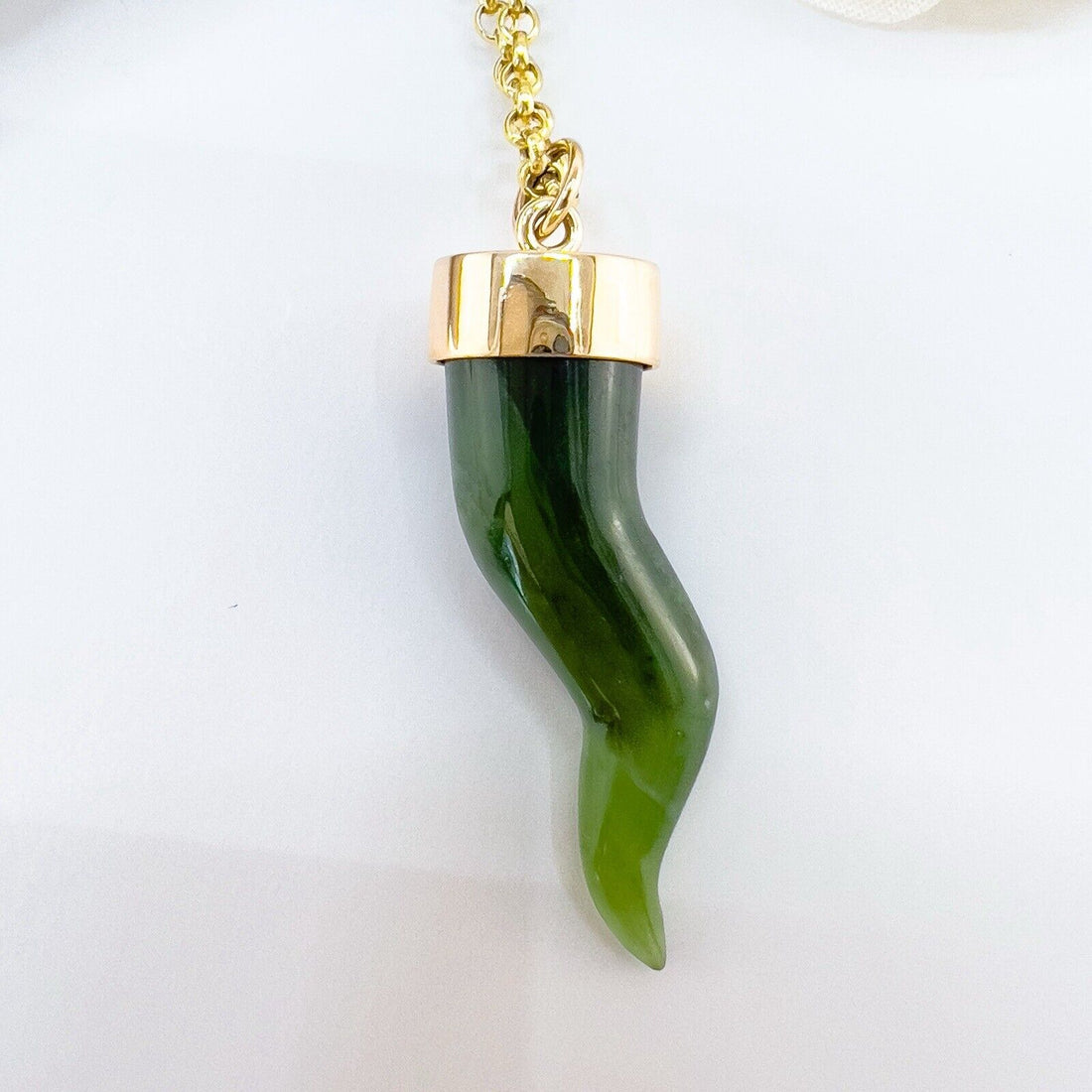 14k Yellow Gold Nephrite Jade Cornicello Horn Pendant, New, 1.68"