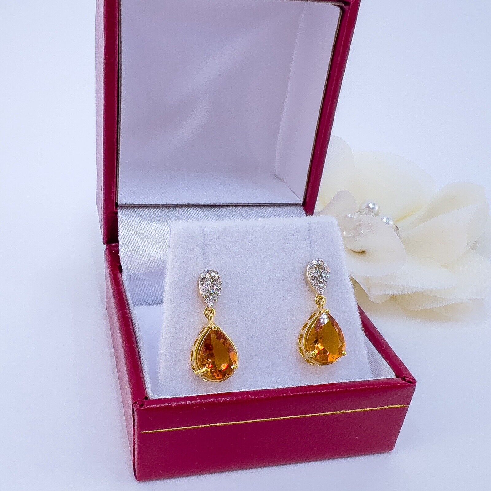 Genuine Citrine & Diamond Solid 10k Yellow Gold Dangle/Drop Earrings