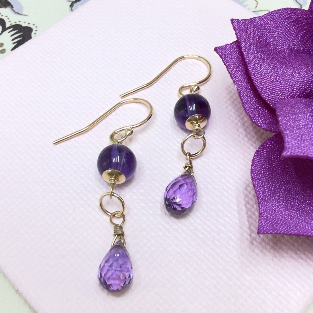 14k Yellow Gold Genuine Amethyst Drop/Dangle Earrings, Newly Handcrafted, 1.5"