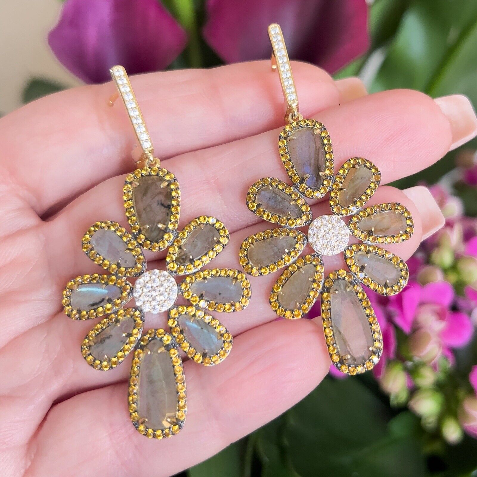 Genuine Labradorite Citrine & Cz Sterling Silver Vermeil Statement Earrings, New