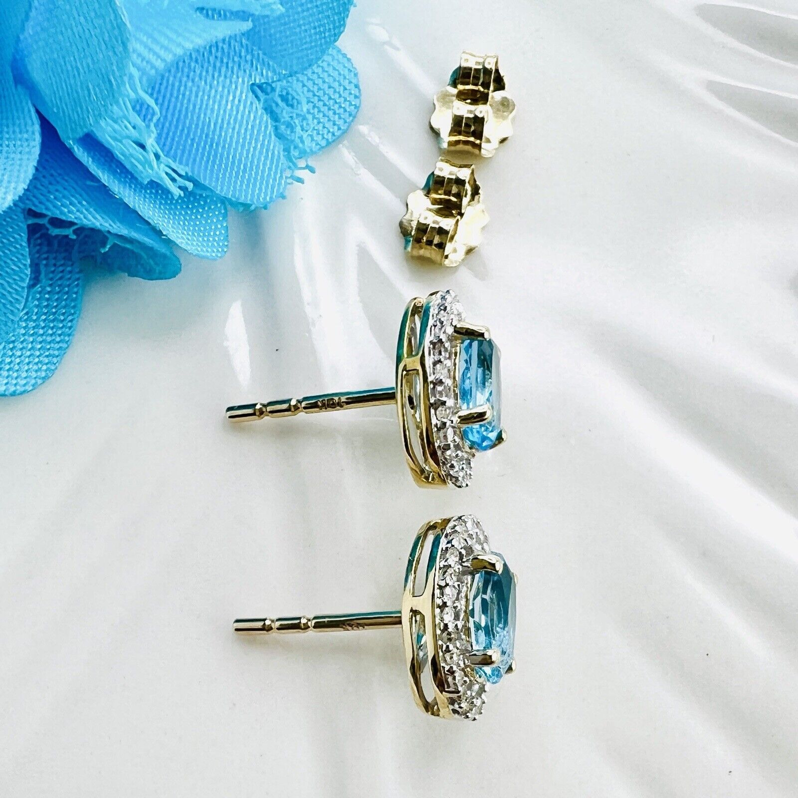 Solid 10k Yellow Gold Genuine Blue Topaz & Diamond Halo Oval Stud Earrings, New