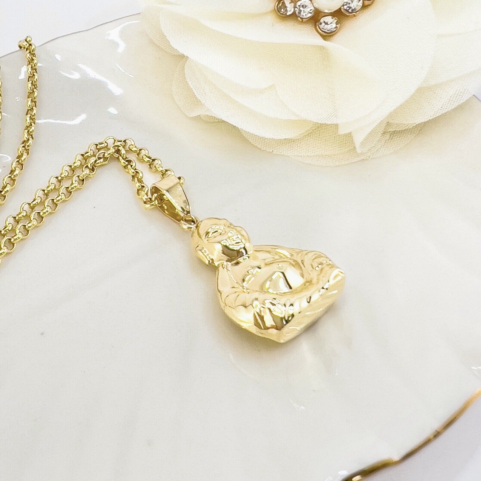 14k Yellow Gold Puffy 3-D Buddha Pendant, New, 1.20"