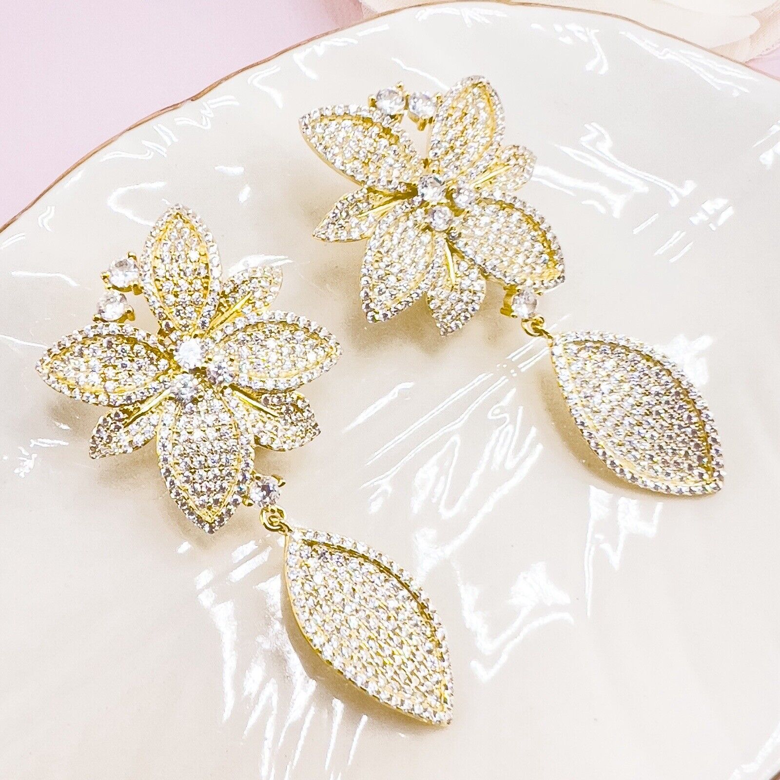 Sterling Silver Vermeil  Flower Cubic Zirconia Dangle/Drop Earrings, New 2.2"