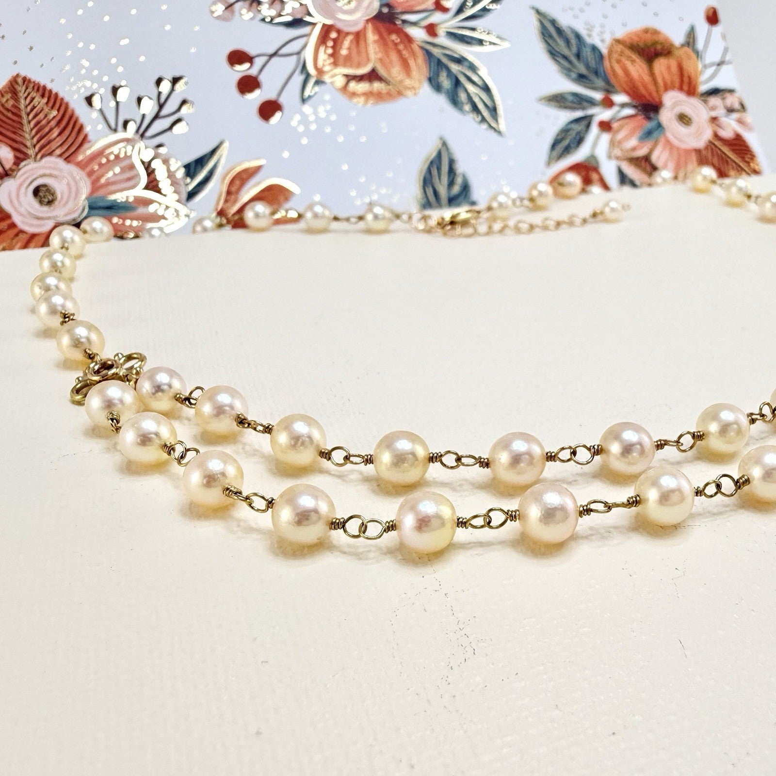 14k Yellow Gold Genuine Akoya Cultured Pearls Handcrafted Necklace, 17-18.75"